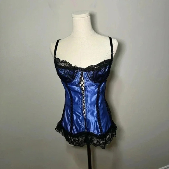 Vintage cobolt blue satin lace corset  34C - Picture 3 of 9